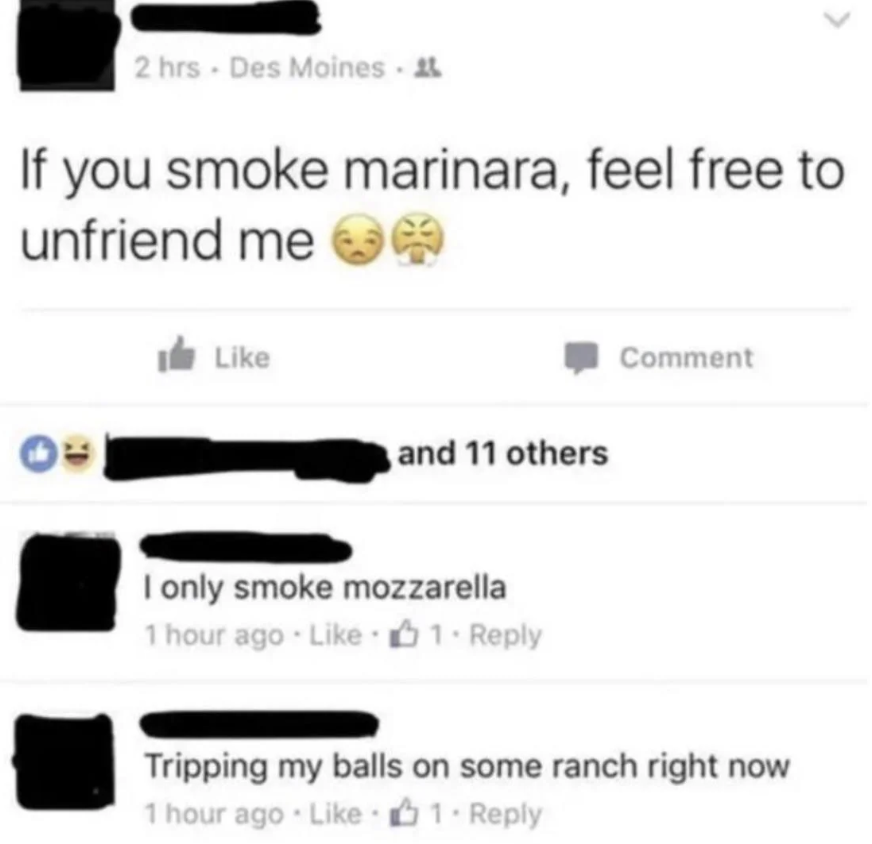 Internet meme - 2 hrs. Des Moines. If you smoke marinara, feel free to unfriend me and 11 others I only smoke mozzarella 1 hour ago 1. Comment Tripping my balls on some ranch right now 1 hour ago 1.